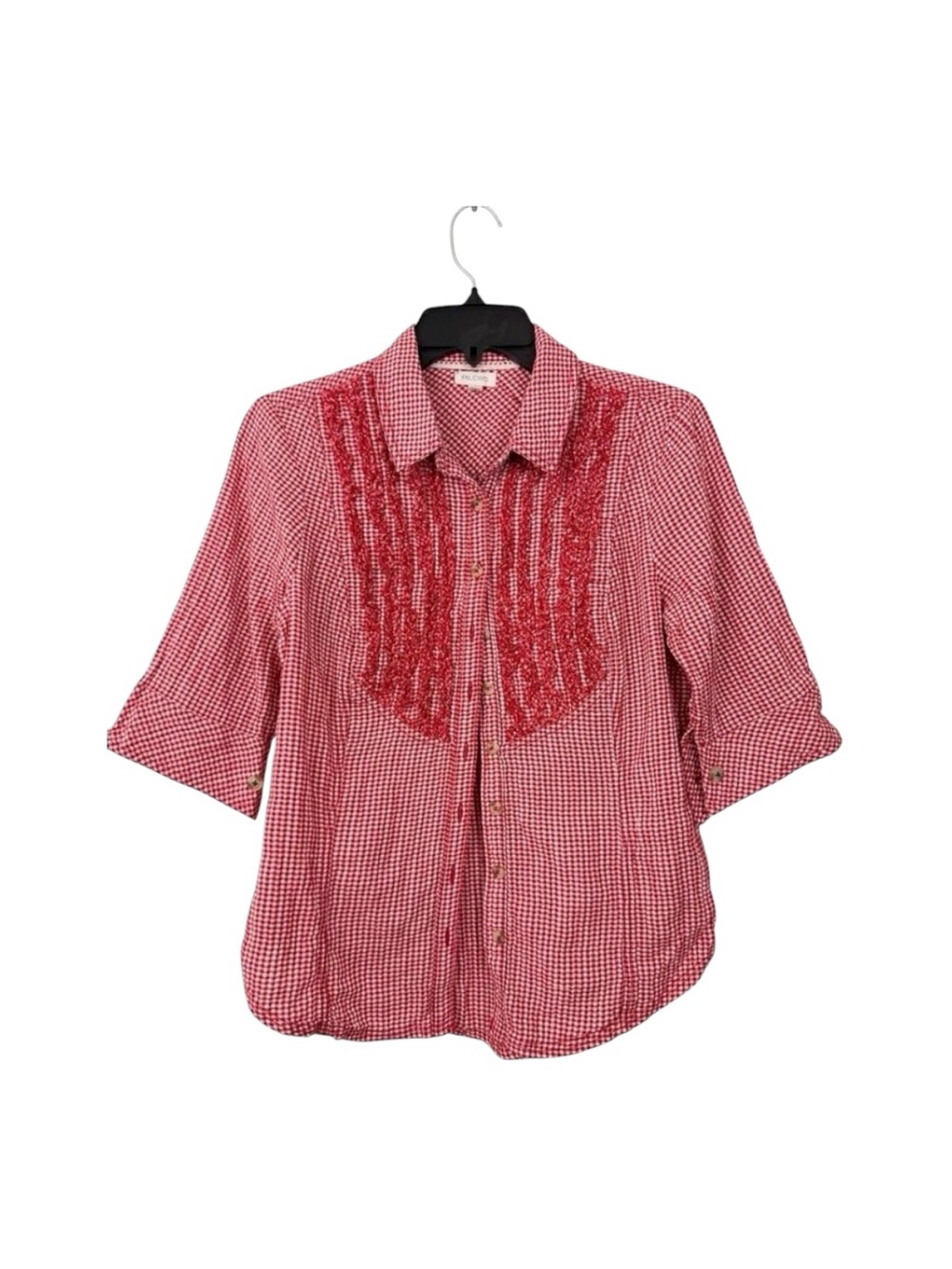 Anthropologie Pilcro Red Checkered Button Down Top Sz Medium Ruffle Short Sleeve